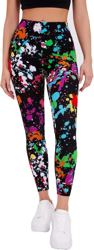 sissycos Women's 80s Leggings Neon Artistic Splash Printed Buttery Soft Stretchy Pants