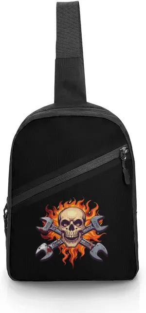 Skull Wrench Flames Mechanic Sling Backpack Crossbody Shoulder Bag Casual Chest Bag Travel Hiking Daypack