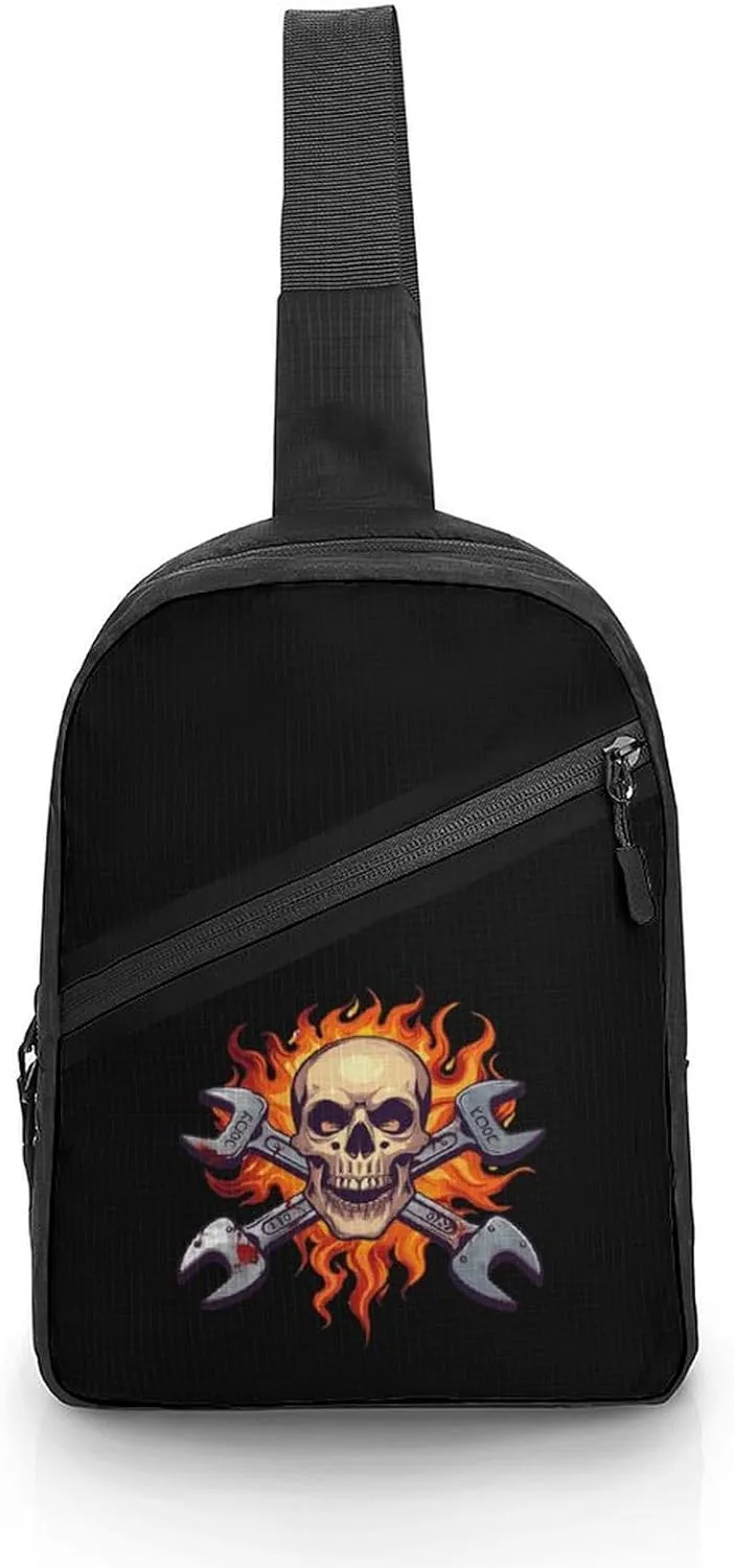 Skull Wrench Flames Mechanic Sling Backpack Crossbody Shoulder Bag Casual Chest Bag Travel Hiking Daypack