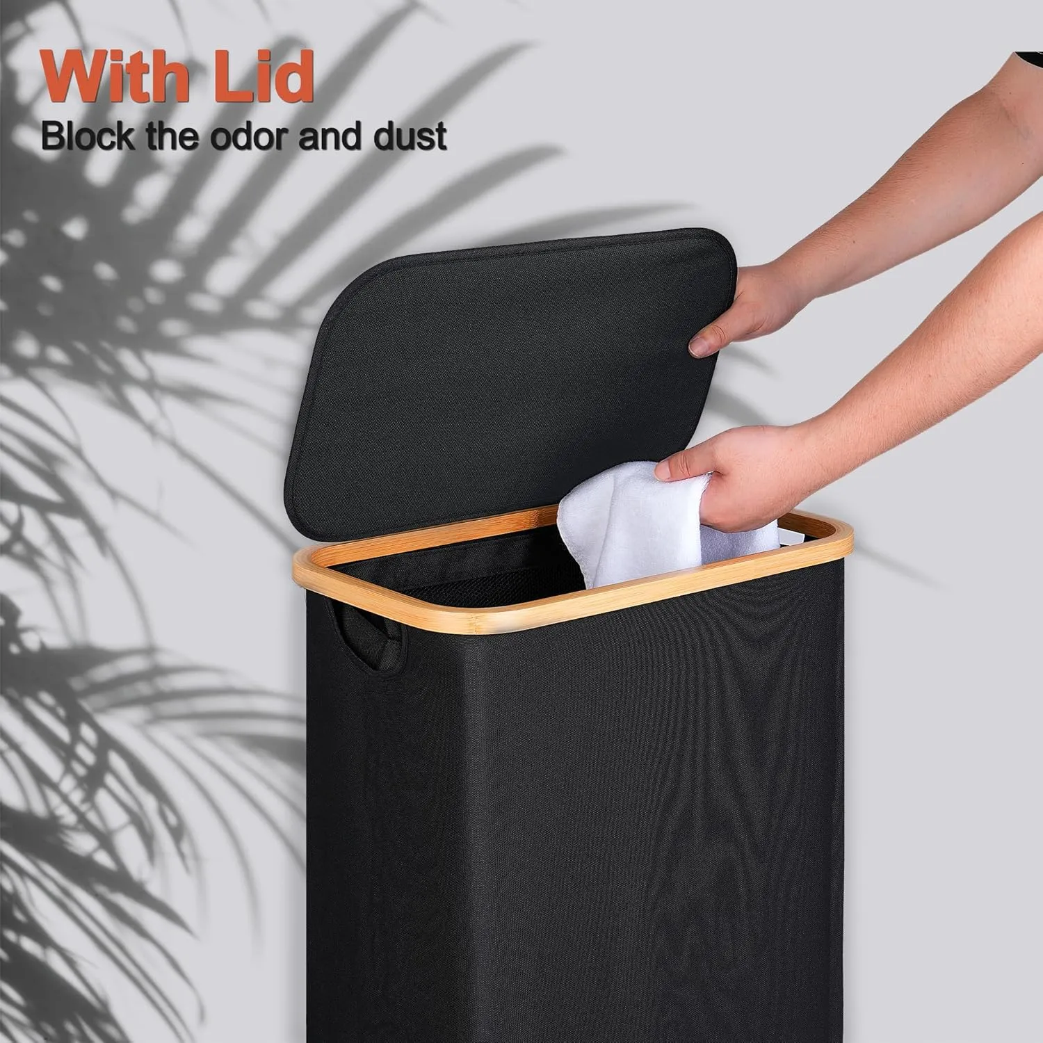 Slim Laundry Basket with Lid, Narrow Laundry Hamper with Removable Bag, Skinny Dirty Clothes Basket with Bamboo Handles for Bathroom, Bedroom & Laundry Room, 75L Black