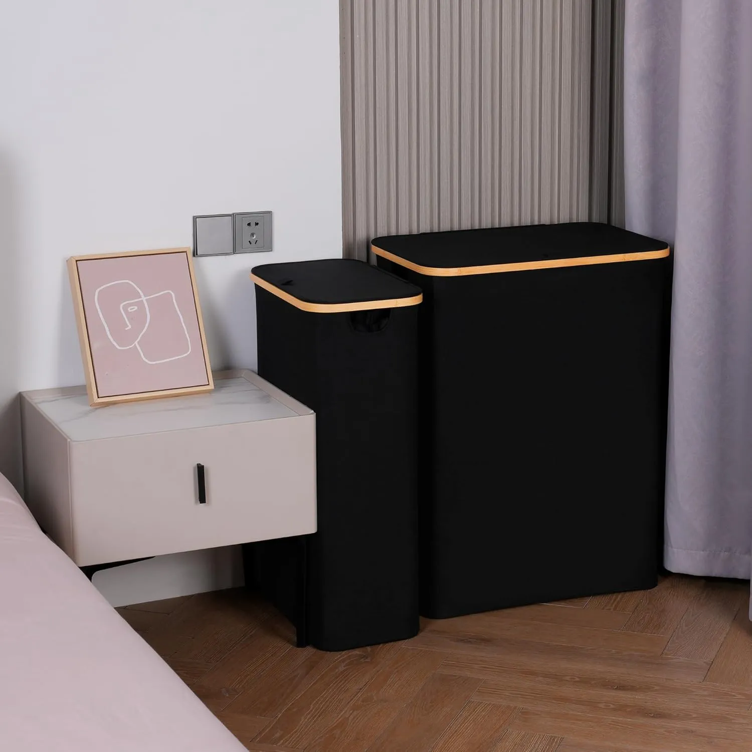 Slim Laundry Basket with Lid, Narrow Laundry Hamper with Removable Bag, Skinny Dirty Clothes Basket with Bamboo Handles for Bathroom, Bedroom & Laundry Room, 75L Black