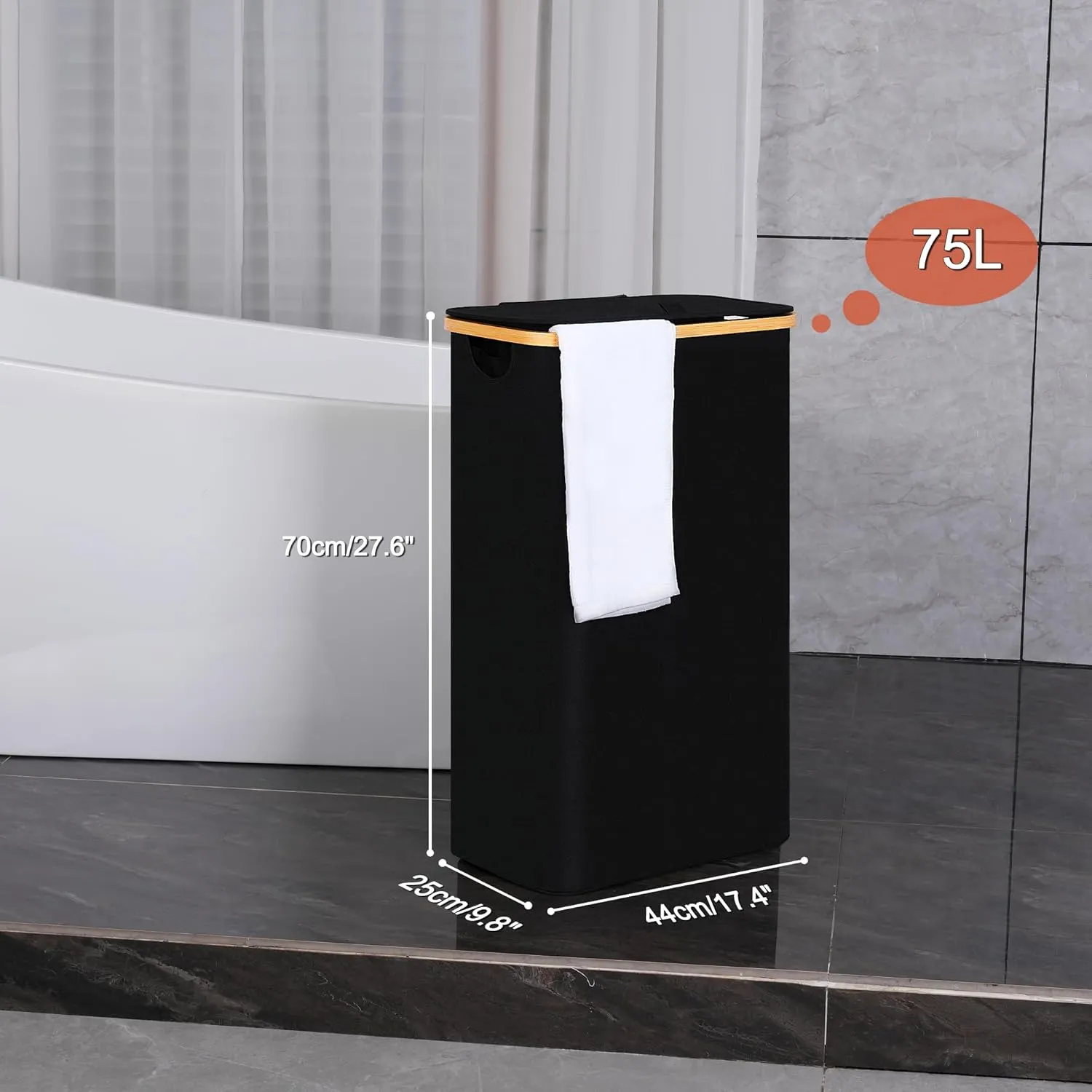 Slim Laundry Basket with Lid, Narrow Laundry Hamper with Removable Bag, Skinny Dirty Clothes Basket with Bamboo Handles for Bathroom, Bedroom & Laundry Room, 75L Black