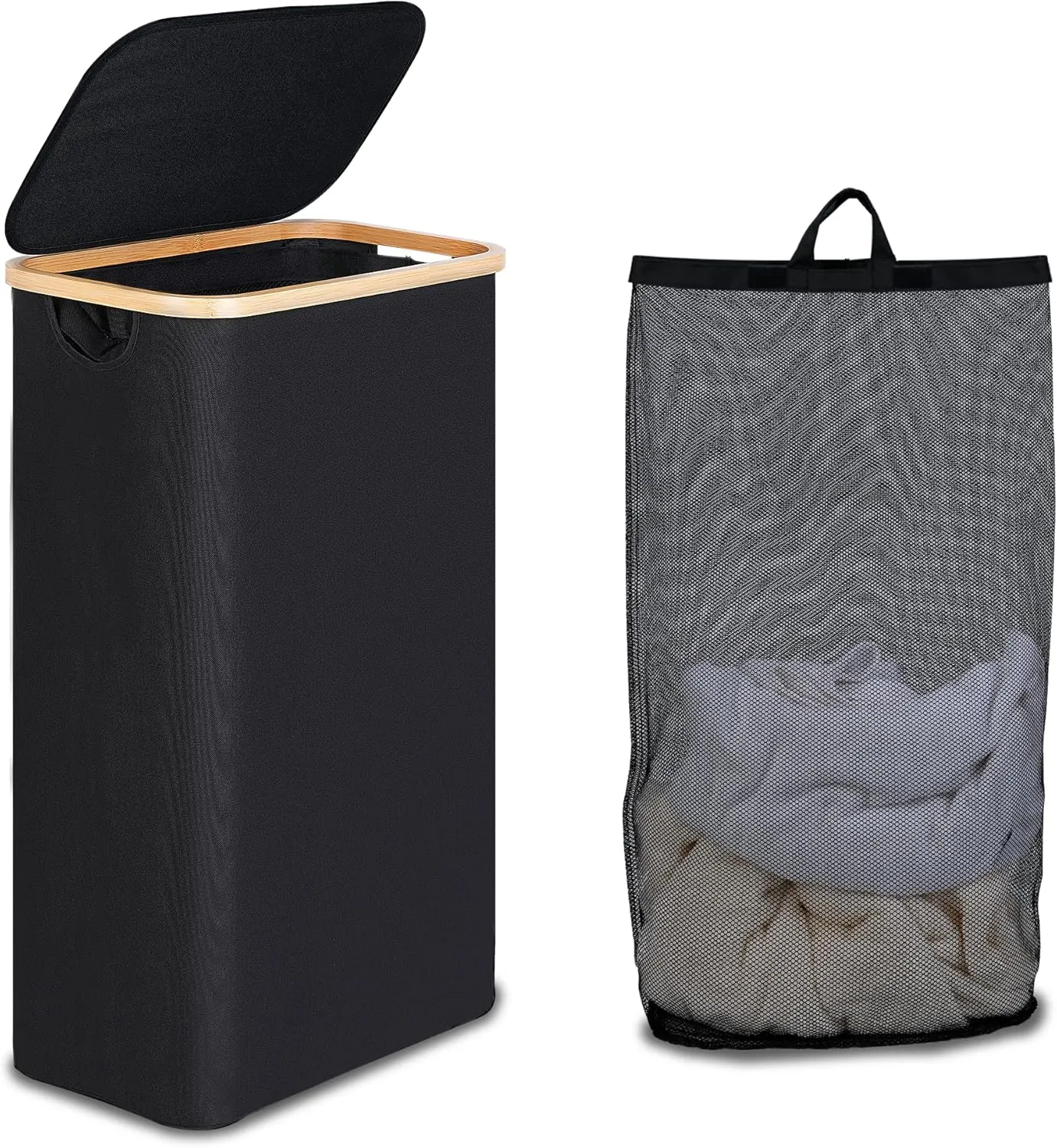 Slim Laundry Basket with Lid, Narrow Laundry Hamper with Removable Bag, Skinny Dirty Clothes Basket with Bamboo Handles for Bathroom, Bedroom & Laundry Room, 75L Black
