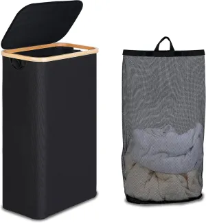 Slim Laundry Basket with Lid, Narrow Laundry Hamper with Removable Bag, Skinny Dirty Clothes Basket with Bamboo Handles for Bathroom, Bedroom & Laundry Room, 75L Black