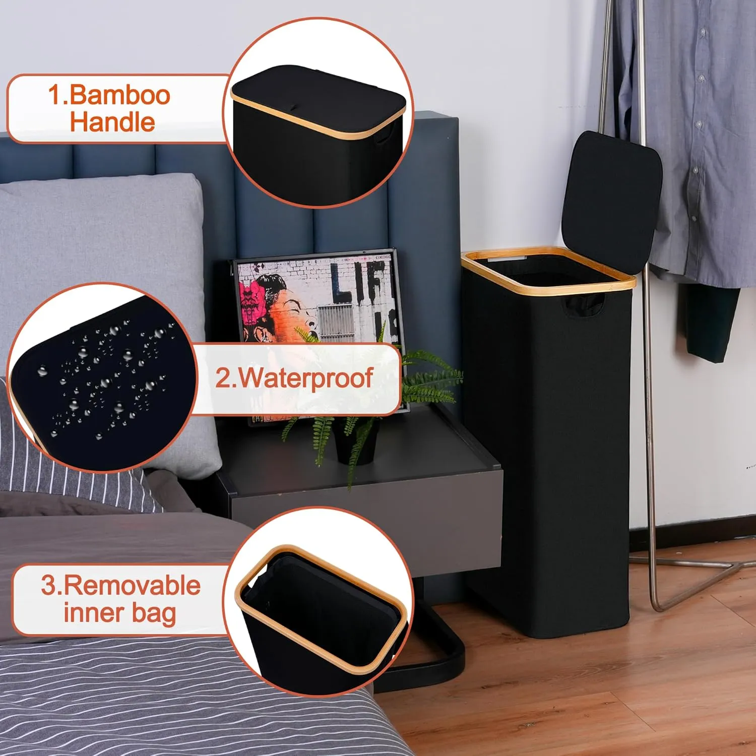 Slim Laundry Basket with Lid, Narrow Laundry Hamper with Removable Bag, Skinny Dirty Clothes Basket with Bamboo Handles for Bathroom, Bedroom & Laundry Room, 75L Black