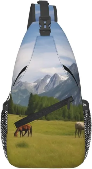 Sling Backpack Bag Crossbody Shoulder Bag Mountain Pasture Grazing Horses Chest Bag Lightweight Hiking Daypack,Unisex