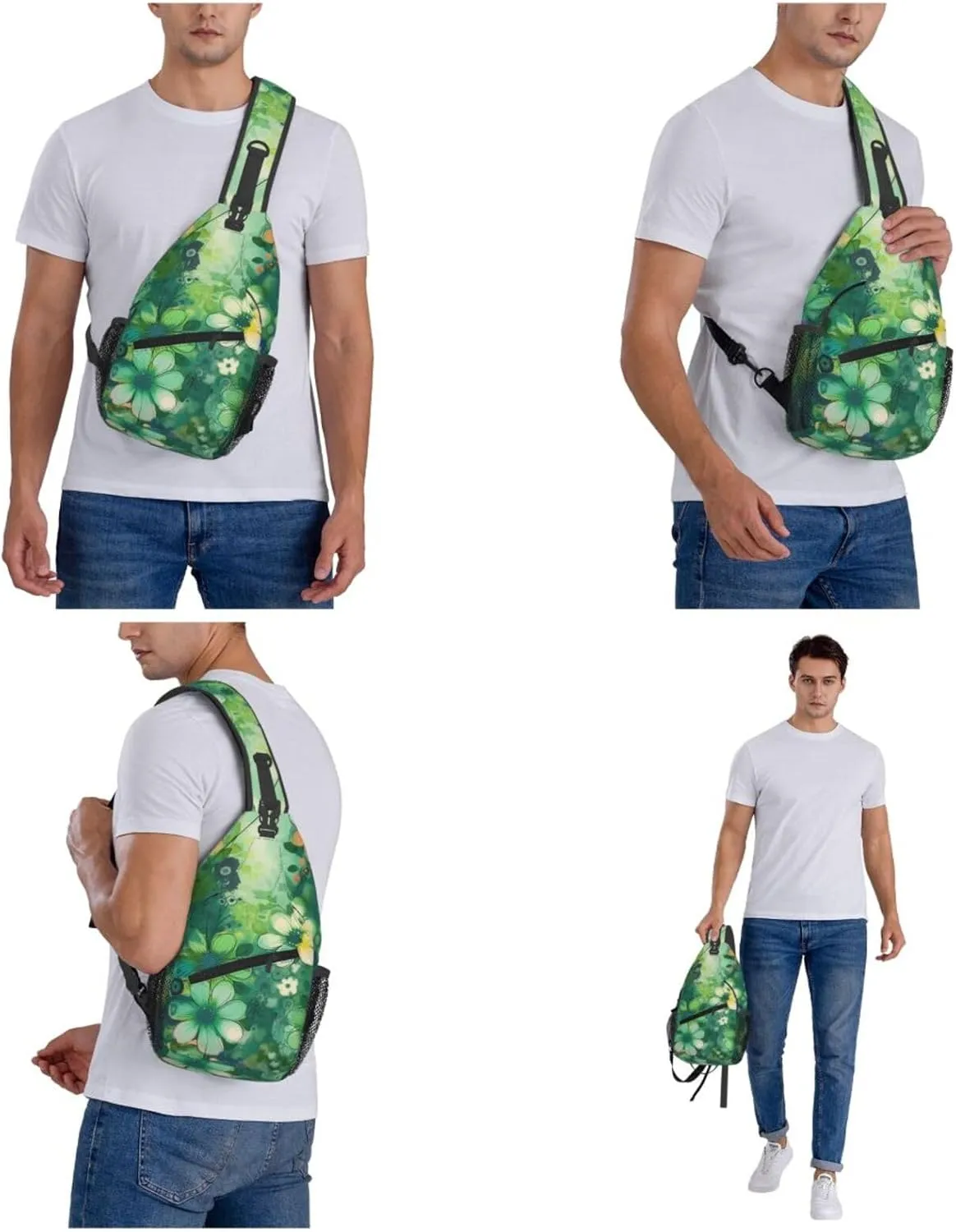 Sling Backpack Bag For Men Abstract Seasonal Green Floral Cross Chest Bag Crossbody Shoulder Bag Travel Hiking Daypack