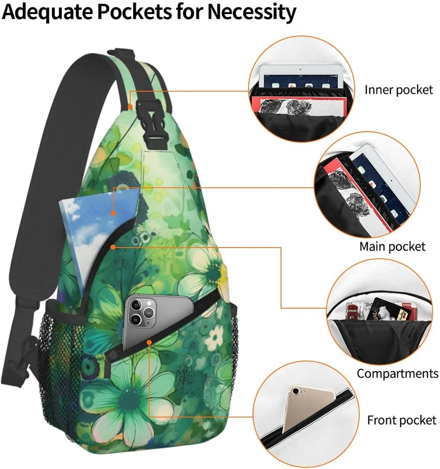 Sling Backpack Bag For Men Abstract Seasonal Green Floral Cross Chest Bag Crossbody Shoulder Bag Travel Hiking Daypack