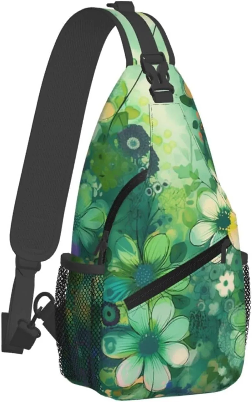 Sling Backpack Bag For Men Abstract Seasonal Green Floral Cross Chest Bag Crossbody Shoulder Bag Travel Hiking Daypack