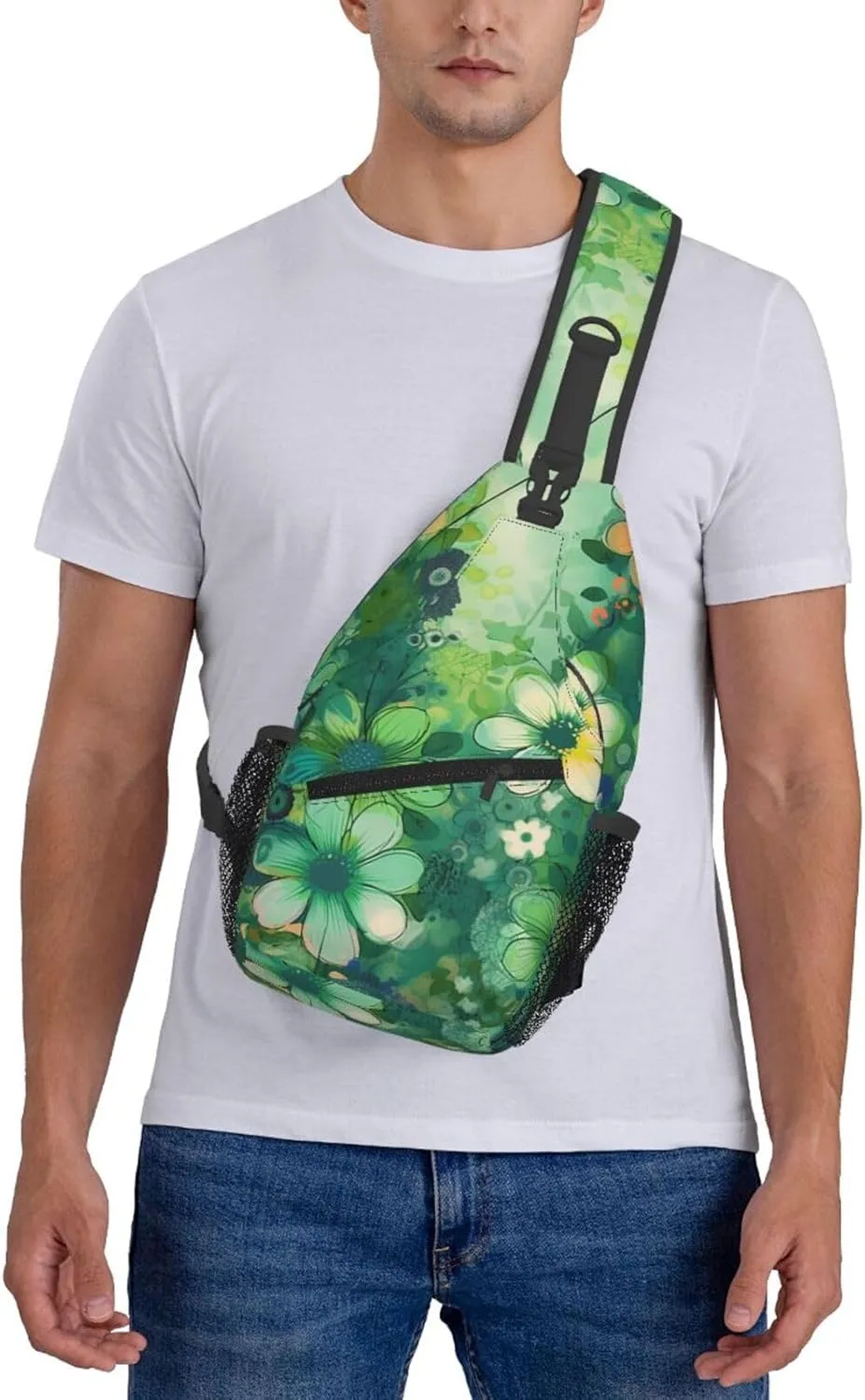 Sling Backpack Bag For Men Abstract Seasonal Green Floral Cross Chest Bag Crossbody Shoulder Bag Travel Hiking Daypack