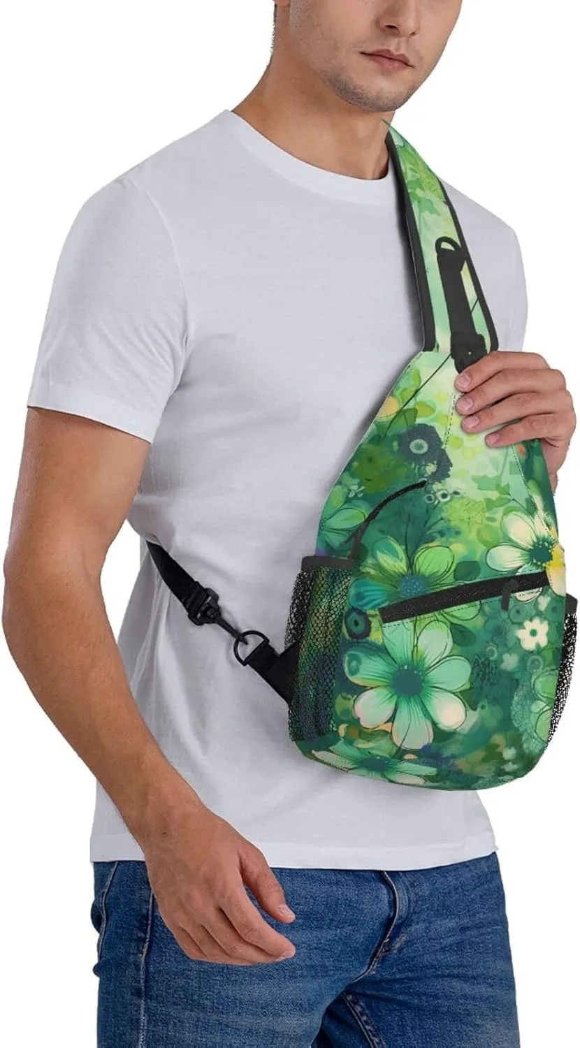 Sling Backpack Bag For Men Abstract Seasonal Green Floral Cross Chest Bag Crossbody Shoulder Bag Travel Hiking Daypack