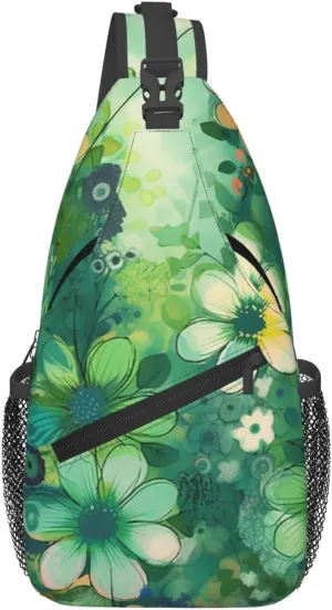 Sling Backpack Bag For Men Abstract Seasonal Green Floral Cross Chest Bag Crossbody Shoulder Bag Travel Hiking Daypack