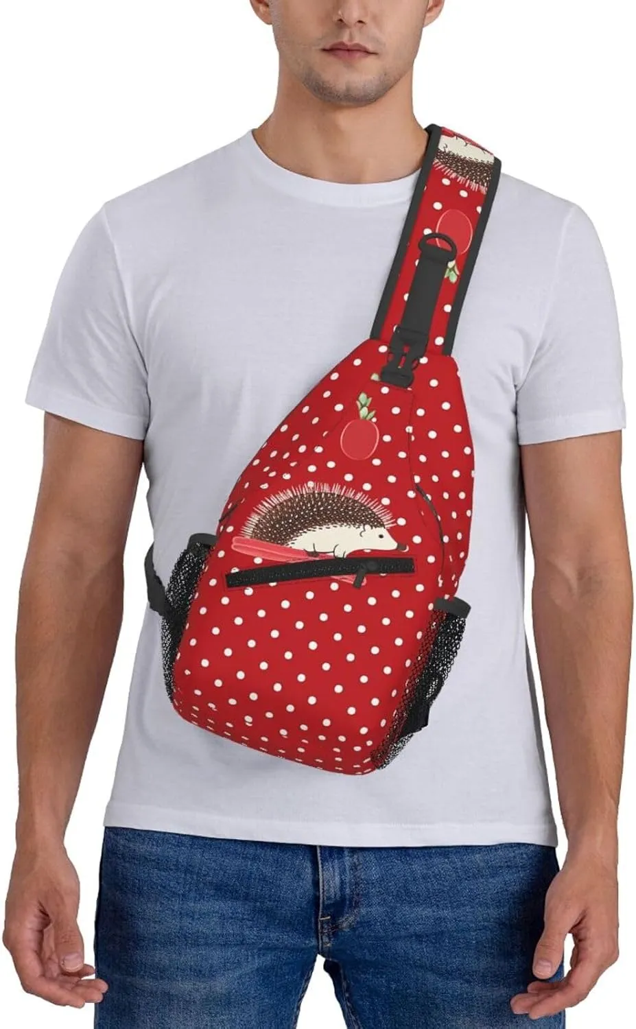 Sling Backpack Bag for Men Red polka dot hedgehog Cross Chest Bag Crossbody Shoulder Bag Travel Hiking Daypack