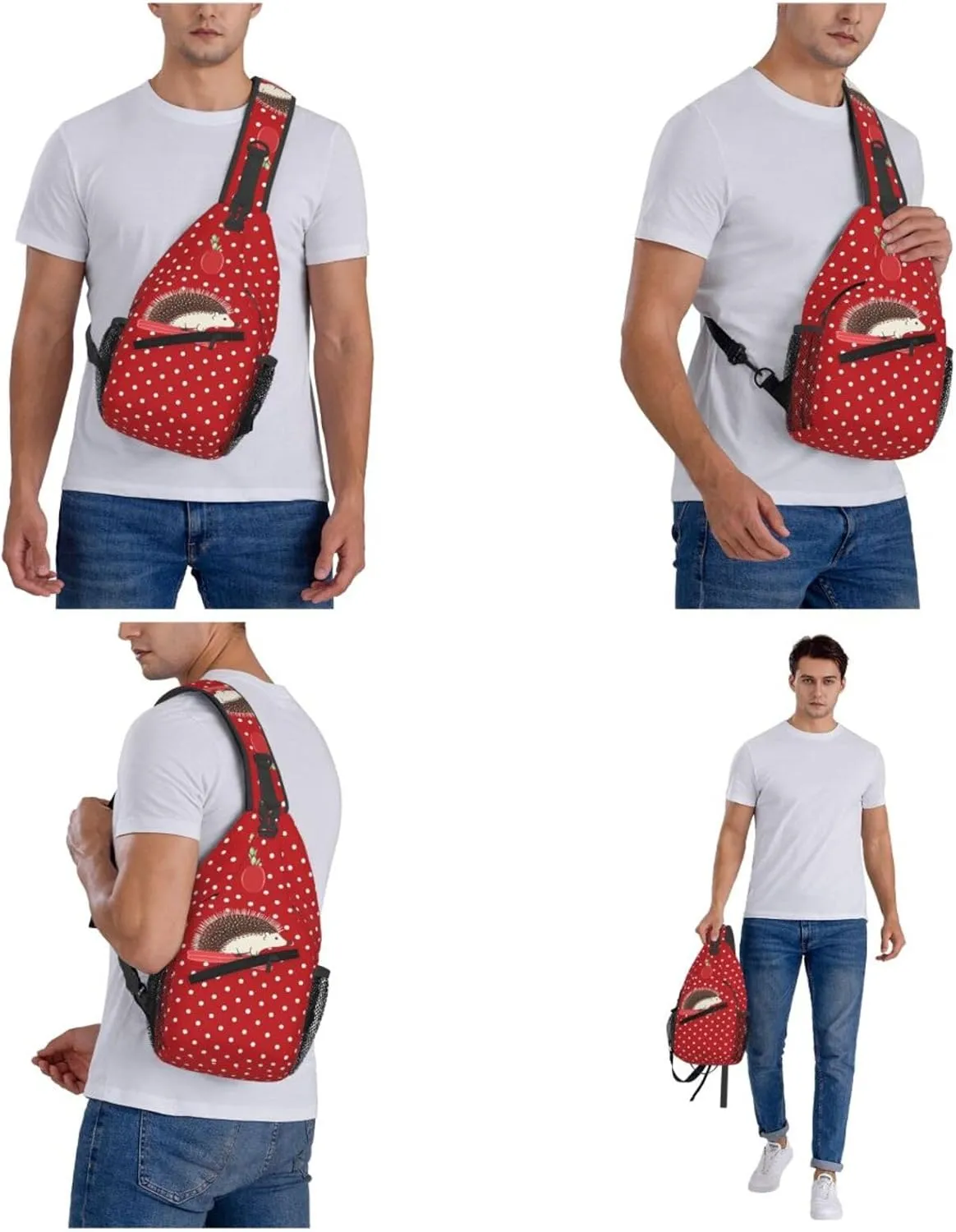 Sling Backpack Bag for Men Red polka dot hedgehog Cross Chest Bag Crossbody Shoulder Bag Travel Hiking Daypack