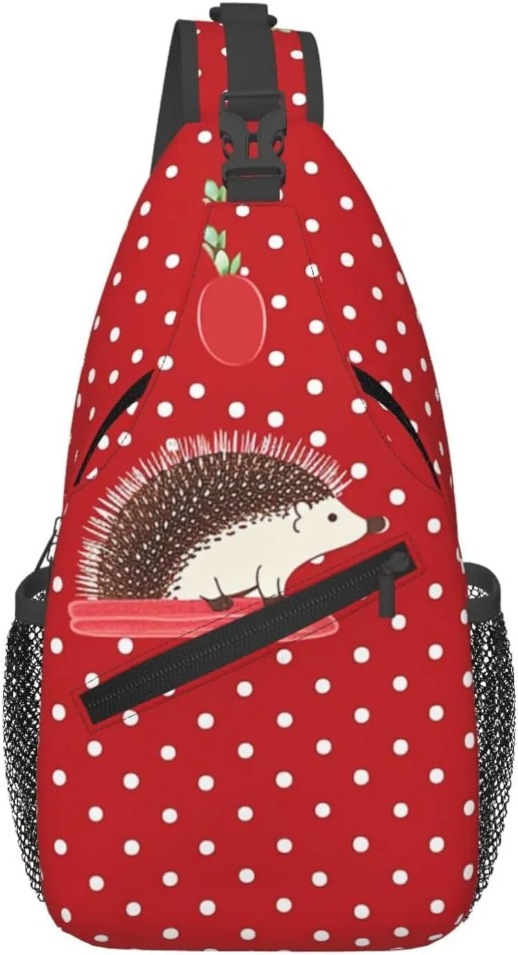Sling Backpack Bag for Men Red polka dot hedgehog Cross Chest Bag Crossbody Shoulder Bag Travel Hiking Daypack