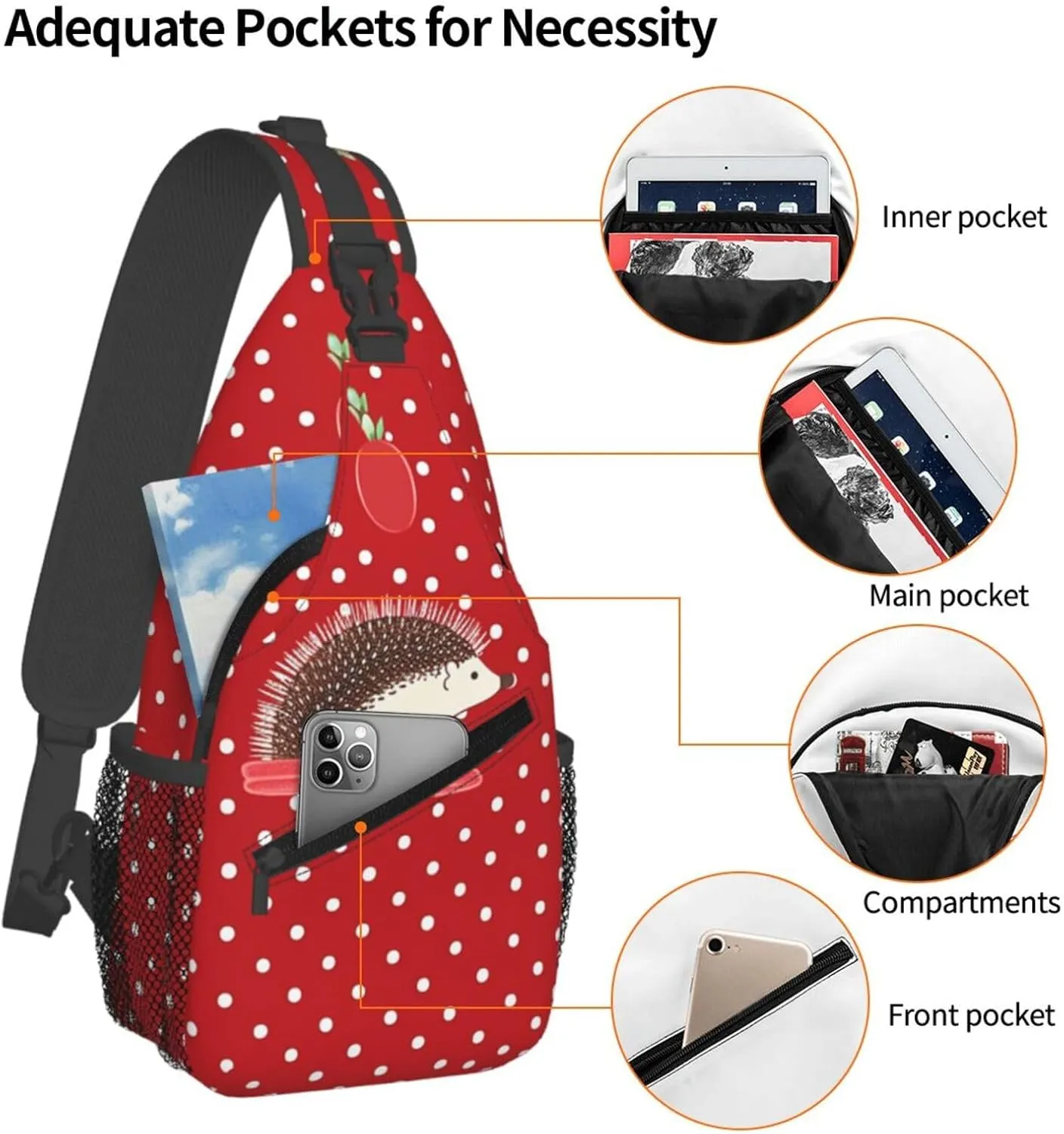 Sling Backpack Bag for Men Red polka dot hedgehog Cross Chest Bag Crossbody Shoulder Bag Travel Hiking Daypack