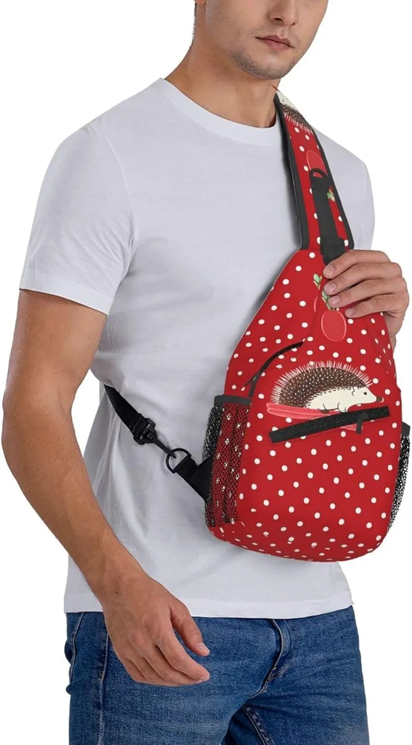 Sling Backpack Bag for Men Red polka dot hedgehog Cross Chest Bag Crossbody Shoulder Bag Travel Hiking Daypack