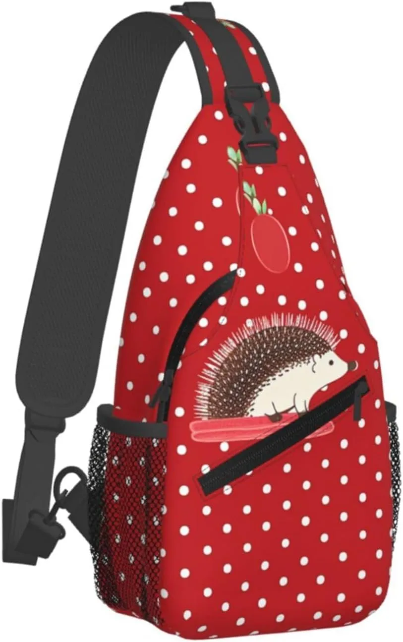 Sling Backpack Bag for Men Red polka dot hedgehog Cross Chest Bag Crossbody Shoulder Bag Travel Hiking Daypack