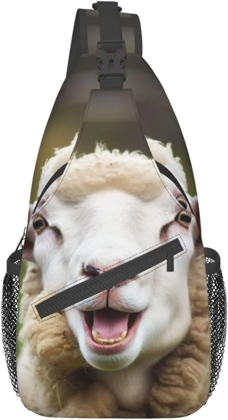 Sling Backpack Bag Funny Naughty Sheep Tongue Cute Animal Print Crossbody Chest Bag Adjustable Shoulder Bag Travel Hiking Daypack Unisex