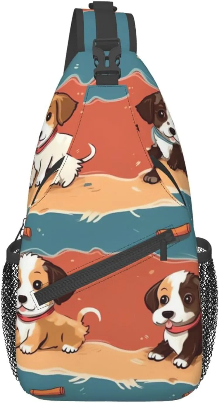Sling Backpack Bag Puppy Cartoon Illustration Print Crossbody Chest Bag Adjustable Shoulder Bag Travel Hiking Daypack Unisex