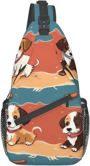 Sling Backpack Bag Puppy Cartoon Illustration Print Crossbody Chest Bag Adjustable Shoulder Bag Travel Hiking Daypack Unisex