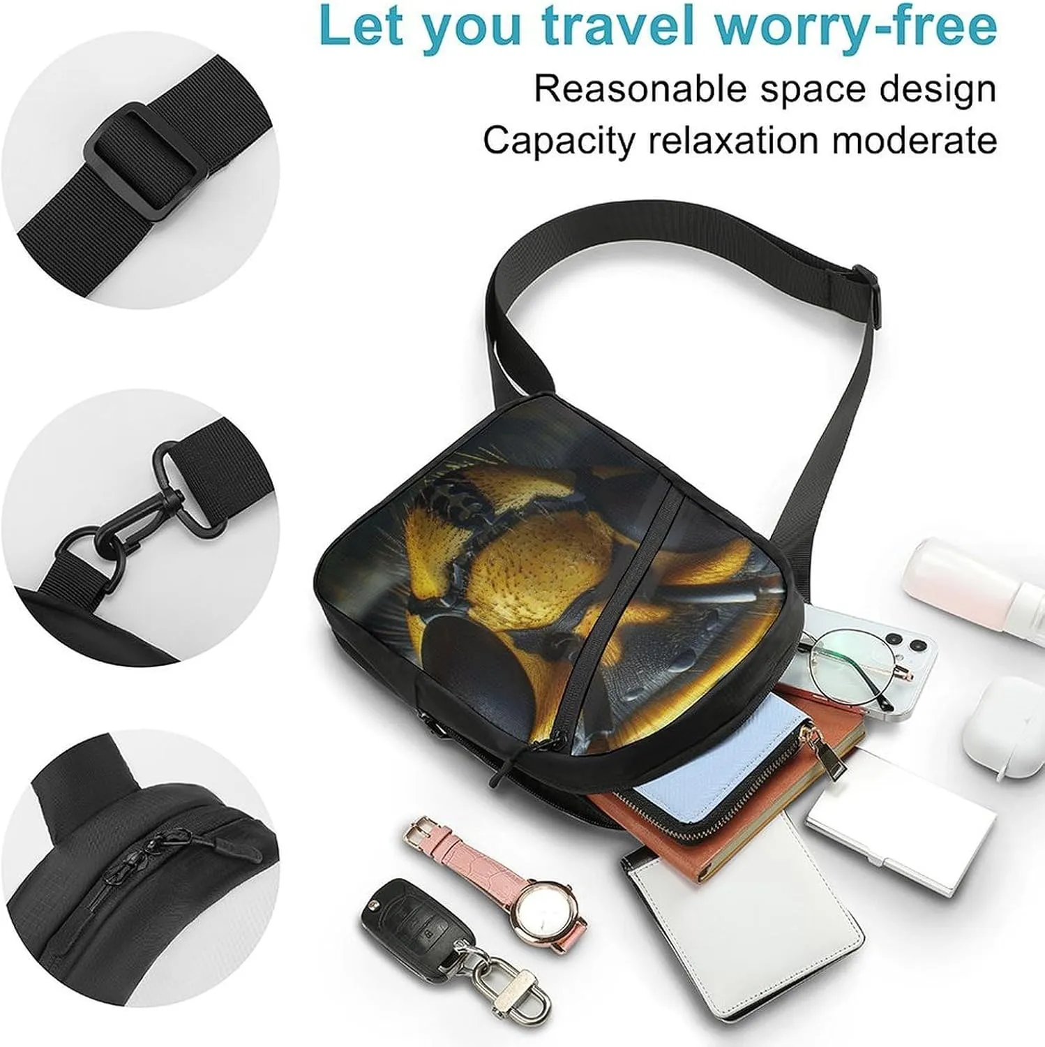 Sling Backpack Crossbody for Man Woman Black Wasp Face Cross Body Adjustable Chest Bag