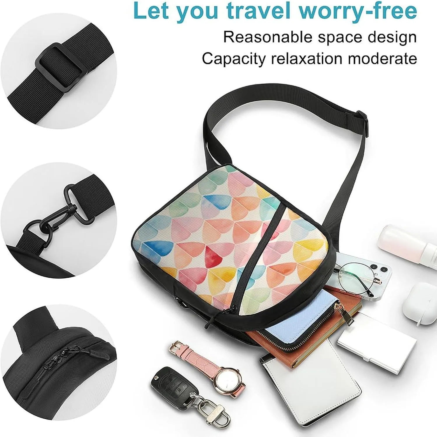 Sling Backpack Crossbody for Man Woman Colorful Collage Hearts Cross Body Adjustable Chest Bag
