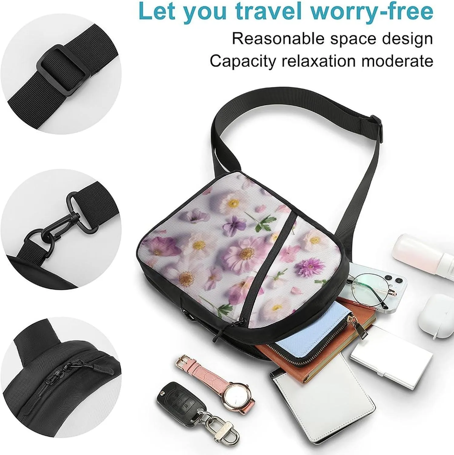 Sling Backpack Crossbody for Man Woman Flower Pattern Cross Body Adjustable Chest Bag
