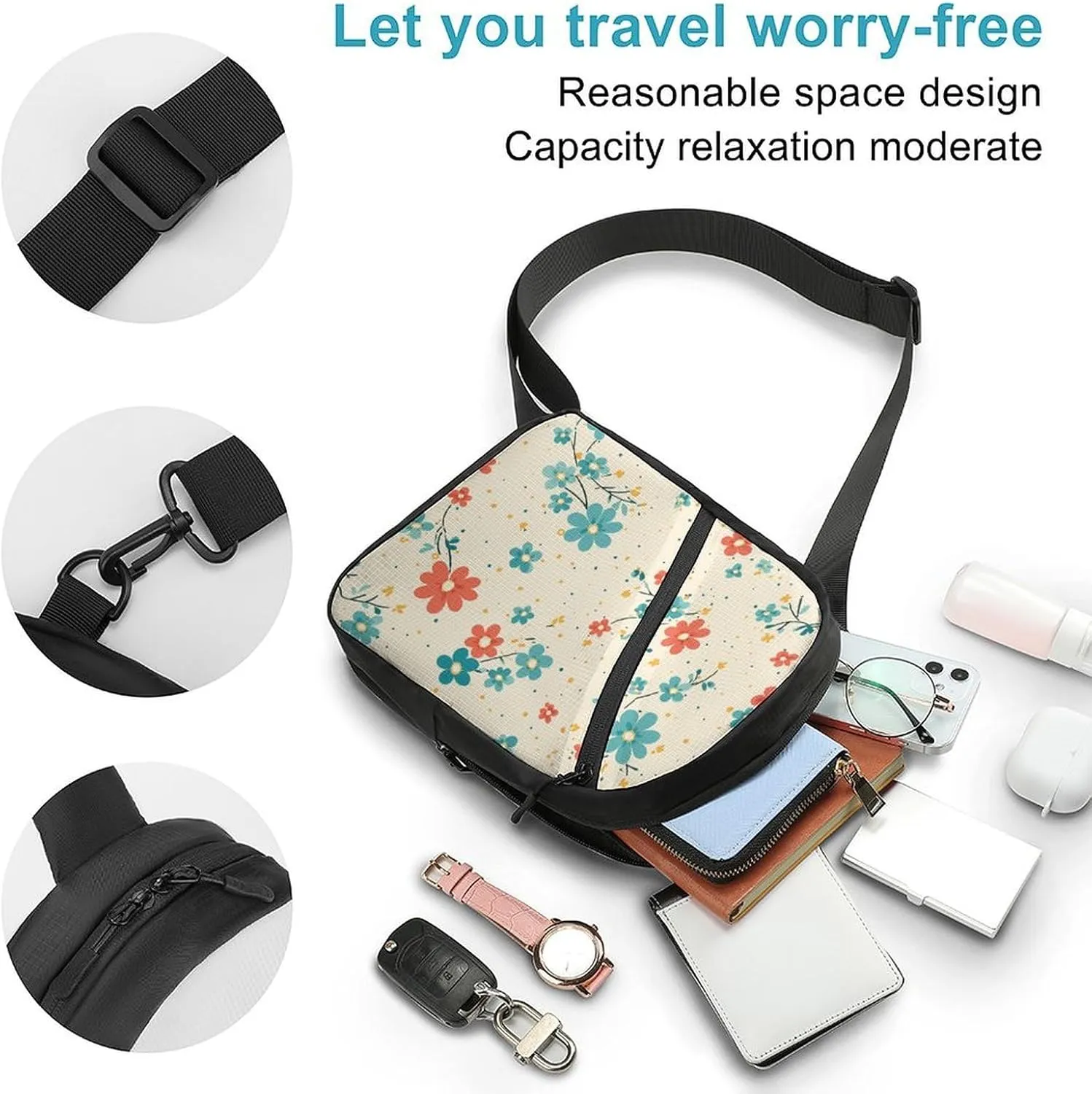Sling Backpack Crossbody for Man Woman Flowers in Cartoon Style Cross Body Adjustable Chest Bag