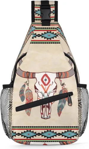 Sling Backpack Ethnic Indigenous Bull Cow Feather,Shoulder Chest Bag Crossbody Sling Bag Travel Hiking Daypack for Women Men