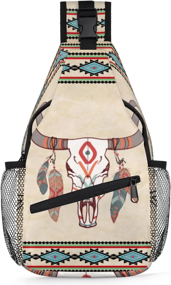 Sling Backpack Ethnic Indigenous Bull Cow Feather,Shoulder Chest Bag Crossbody Sling Bag Travel Hiking Daypack for Women Men
