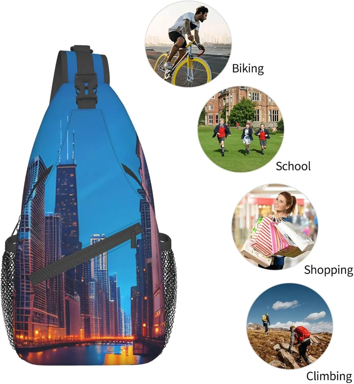 Sling Backpack,Men Cross Chest Bag Diagonally,Durable Adjustable Outdoor Cycling Travel Bag,Chicago Night Print