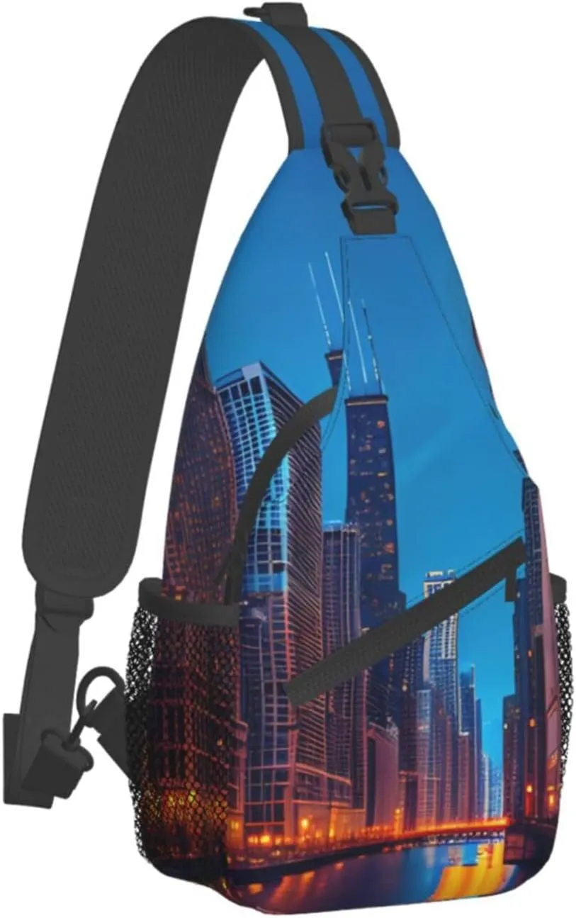 Sling Backpack,Men Cross Chest Bag Diagonally,Durable Adjustable Outdoor Cycling Travel Bag,Chicago Night Print