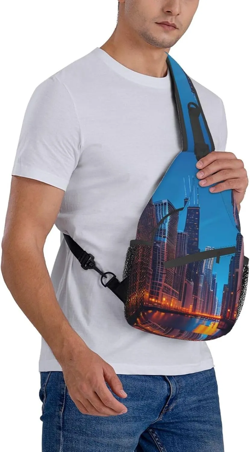 Sling Backpack,Men Cross Chest Bag Diagonally,Durable Adjustable Outdoor Cycling Travel Bag,Chicago Night Print