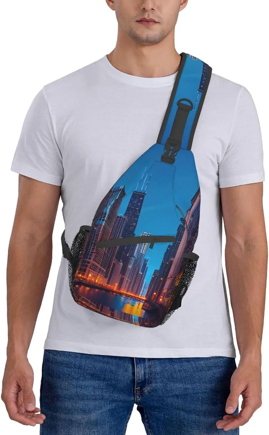 Sling Backpack,Men Cross Chest Bag Diagonally,Durable Adjustable Outdoor Cycling Travel Bag,Chicago Night Print