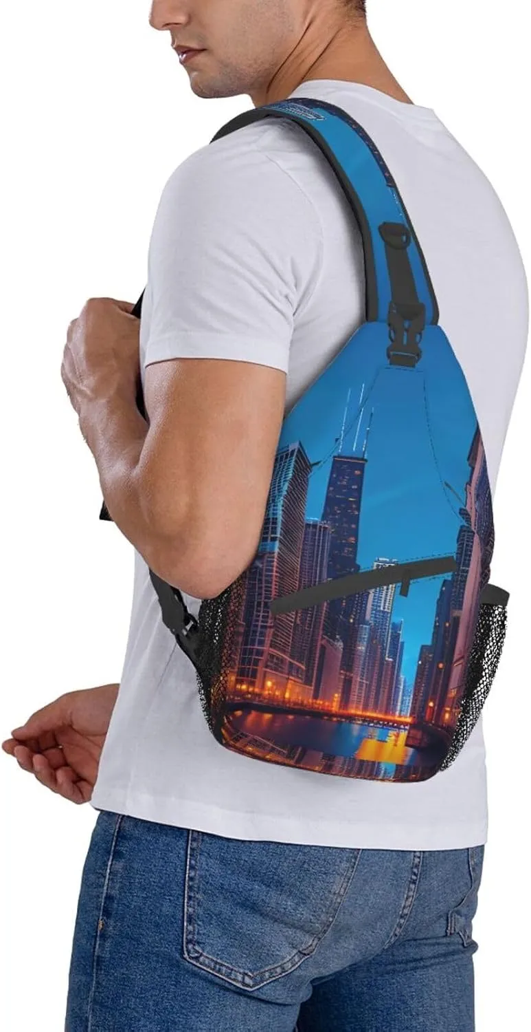 Sling Backpack,Men Cross Chest Bag Diagonally,Durable Adjustable Outdoor Cycling Travel Bag,Chicago Night Print