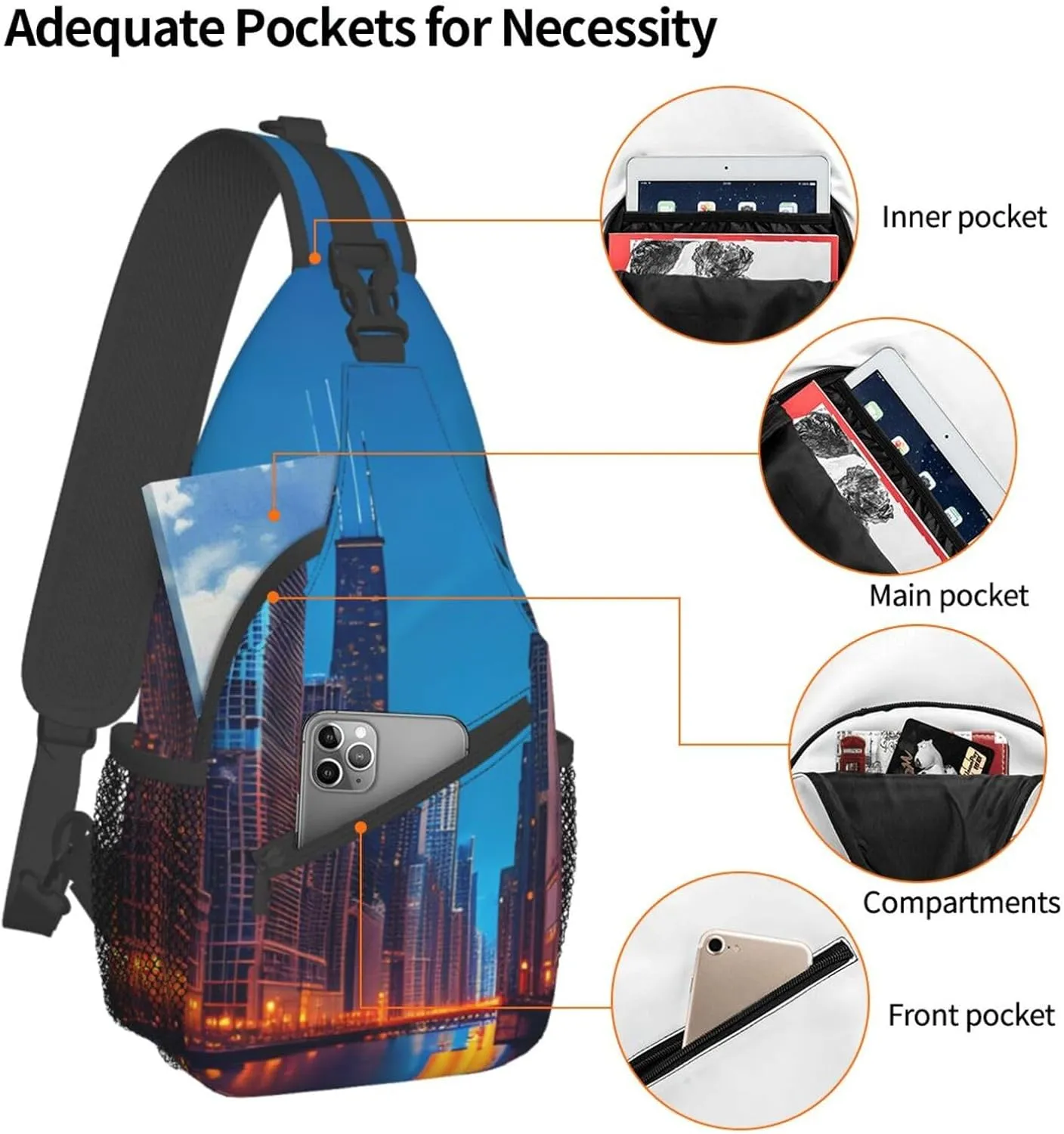 Sling Backpack,Men Cross Chest Bag Diagonally,Durable Adjustable Outdoor Cycling Travel Bag,Chicago Night Print