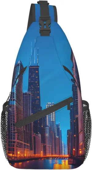 Sling Backpack,Men Cross Chest Bag Diagonally,Durable Adjustable Outdoor Cycling Travel Bag,Chicago Night Print