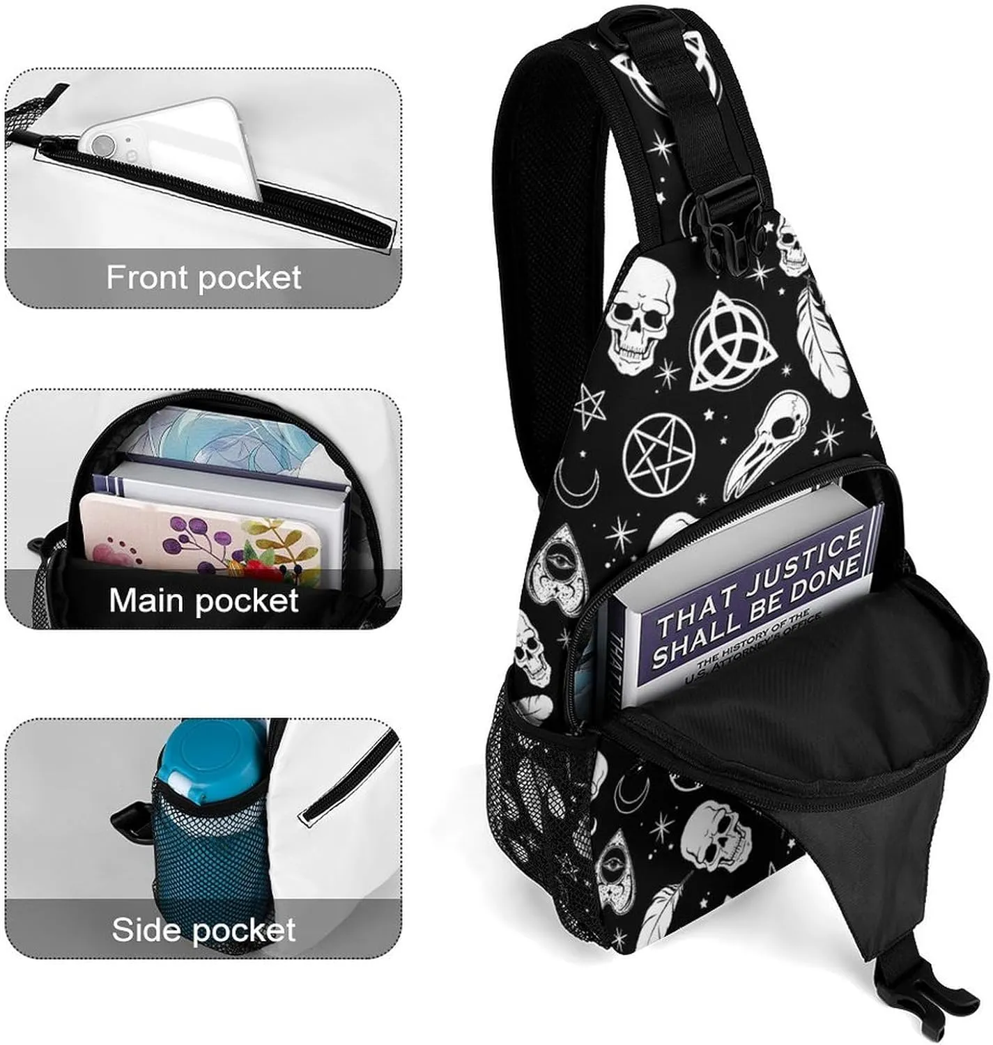 Sling Bag Chest Bag Outdoor Shoulder Bag Chest Pack Crossbody Bags For Women And Men Causal Small Daypacks For Hiking Cycling and Travel - for Goth Raven Crow Skull Moon Star Gothic Witch