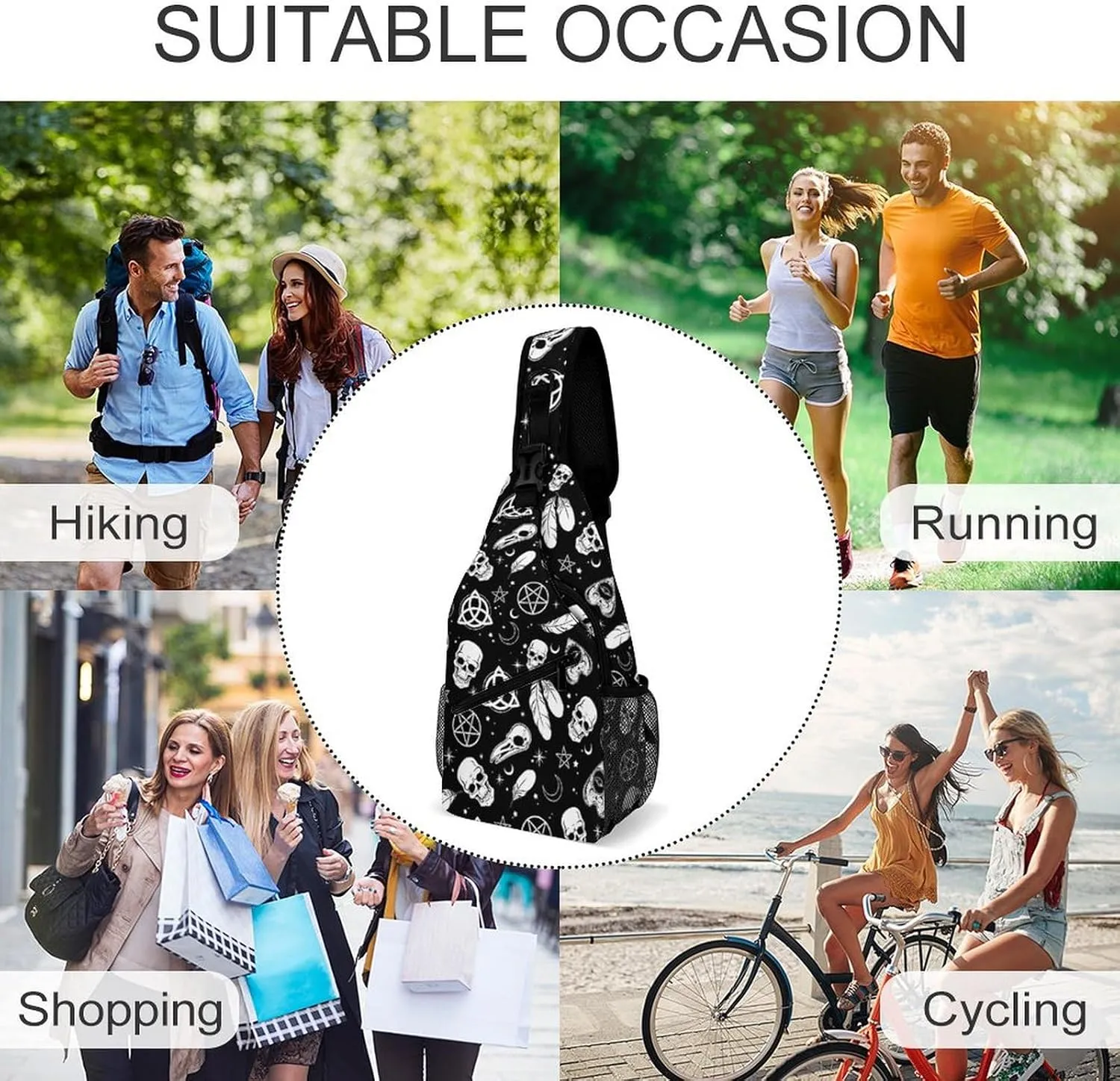 Sling Bag Chest Bag Outdoor Shoulder Bag Chest Pack Crossbody Bags For Women And Men Causal Small Daypacks For Hiking Cycling and Travel - for Goth Raven Crow Skull Moon Star Gothic Witch