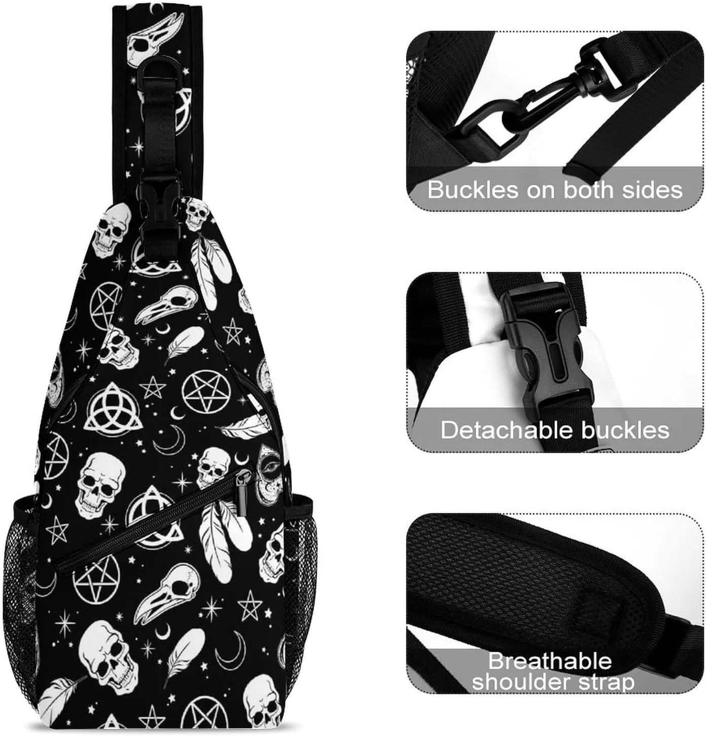 Sling Bag Chest Bag Outdoor Shoulder Bag Chest Pack Crossbody Bags For Women And Men Causal Small Daypacks For Hiking Cycling and Travel - for Goth Raven Crow Skull Moon Star Gothic Witch