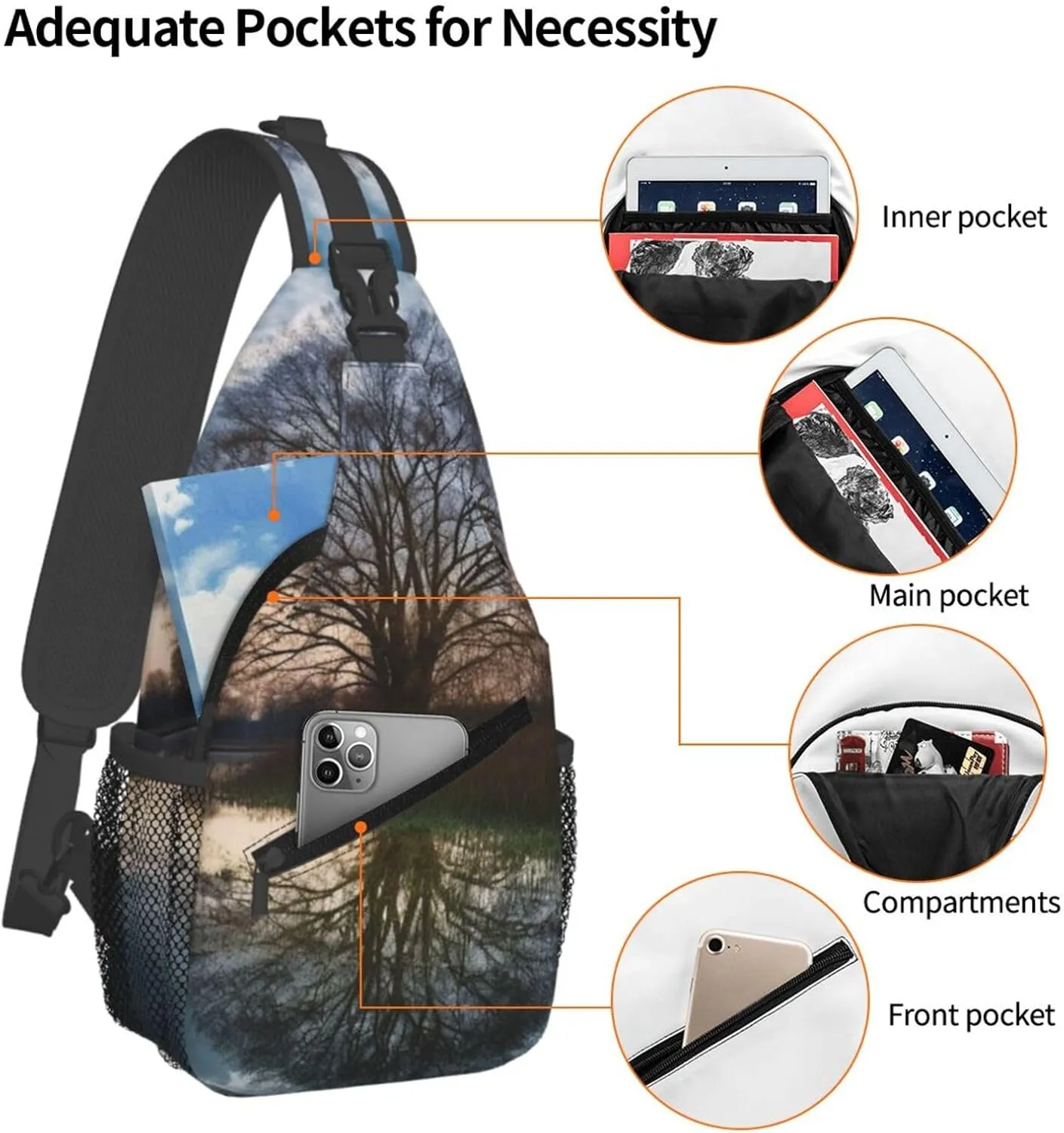 Sling Bag Crossbody Sling Backpack for Men Women Tree reflection Cross Chest Bag Travel Hiking Daypack