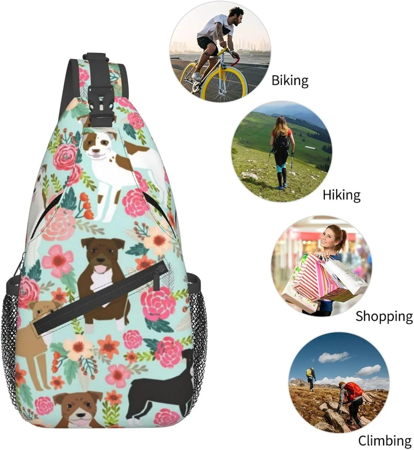 Sling Bag Crossbody Sling Backpack for Women Men Travel Hiking Daypack Chest Shoulder Bag (for Floral Pitbull)