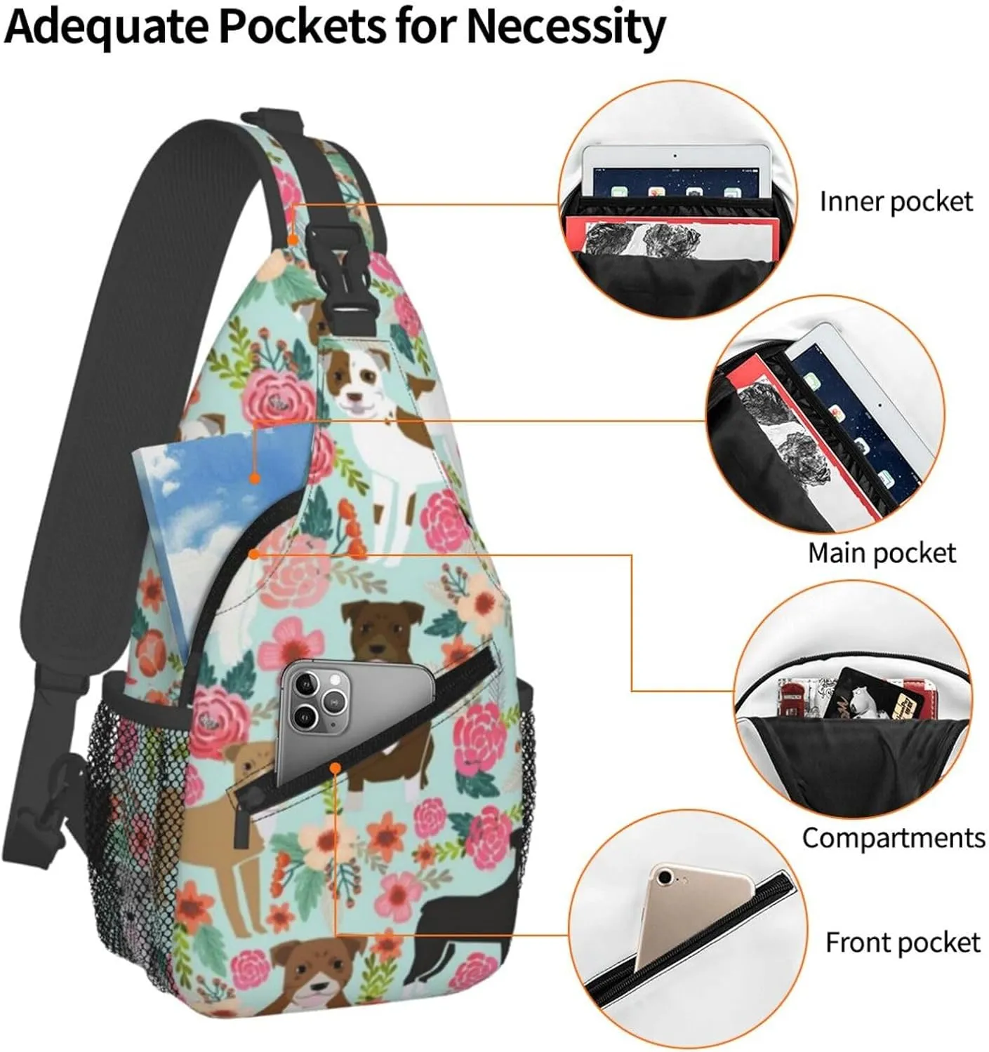 Sling Bag Crossbody Sling Backpack for Women Men Travel Hiking Daypack Chest Shoulder Bag (for Floral Pitbull)