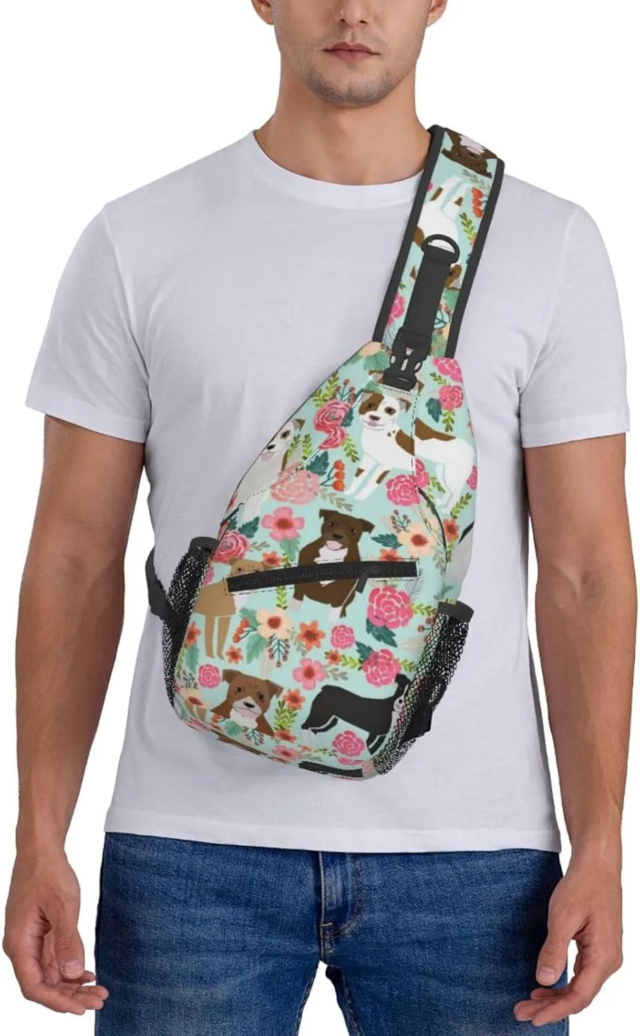Sling Bag Crossbody Sling Backpack for Women Men Travel Hiking Daypack Chest Shoulder Bag (for Floral Pitbull)