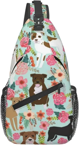 Sling Bag Crossbody Sling Backpack for Women Men Travel Hiking Daypack Chest Shoulder Bag (for Floral Pitbull)
