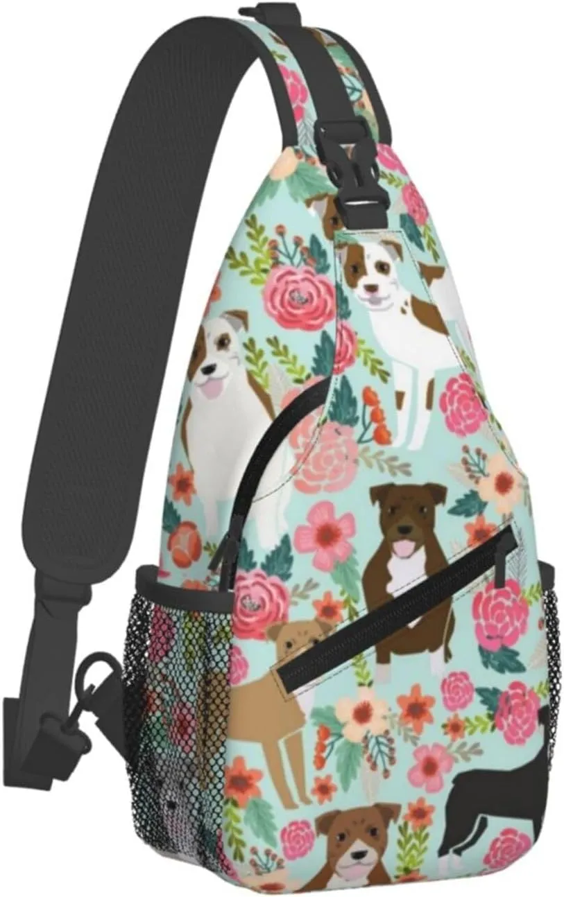 Sling Bag Crossbody Sling Backpack for Women Men Travel Hiking Daypack Chest Shoulder Bag (for Floral Pitbull)