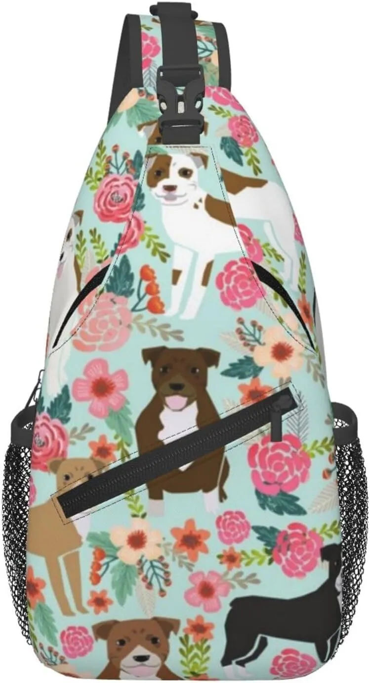Sling Bag Crossbody Sling Backpack for Women Men Travel Hiking Daypack Chest Shoulder Bag (for Floral Pitbull)