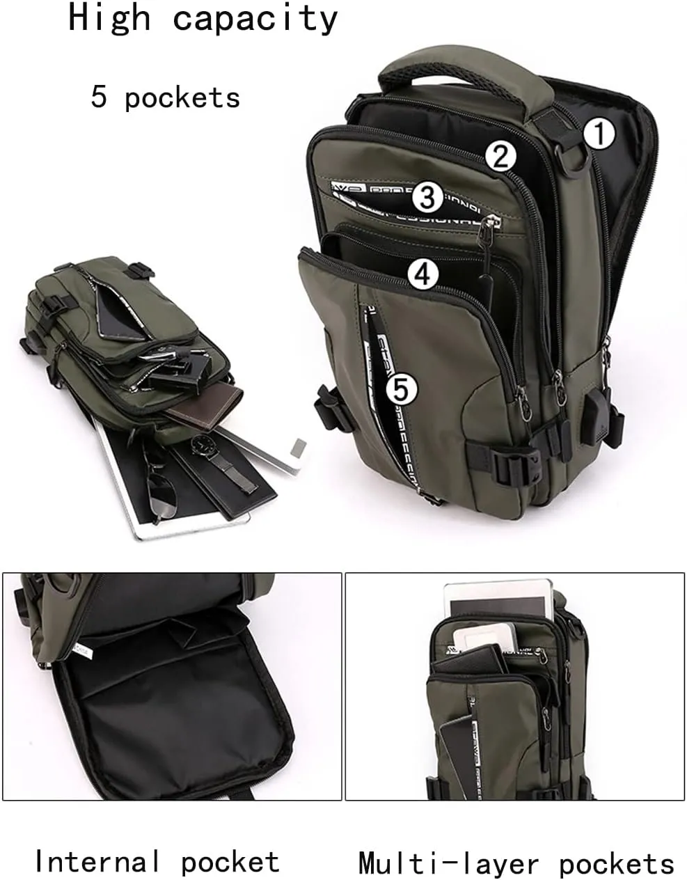 Sling Bag for Men Women Shoulder Backpack Chest Bags Crossbody Daypack with USB Cable for Hiking Camping Outdoor Trip (blue)