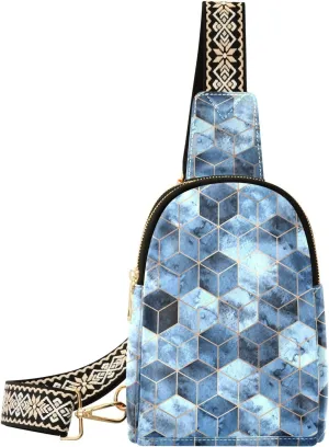 Sling Bag for Women Gold Foil Outline Deep Blue Tile Crossbody Backpack Purse Small Cross Body Bags Travel Shoulder Bags Chest Bag Casual Daypack